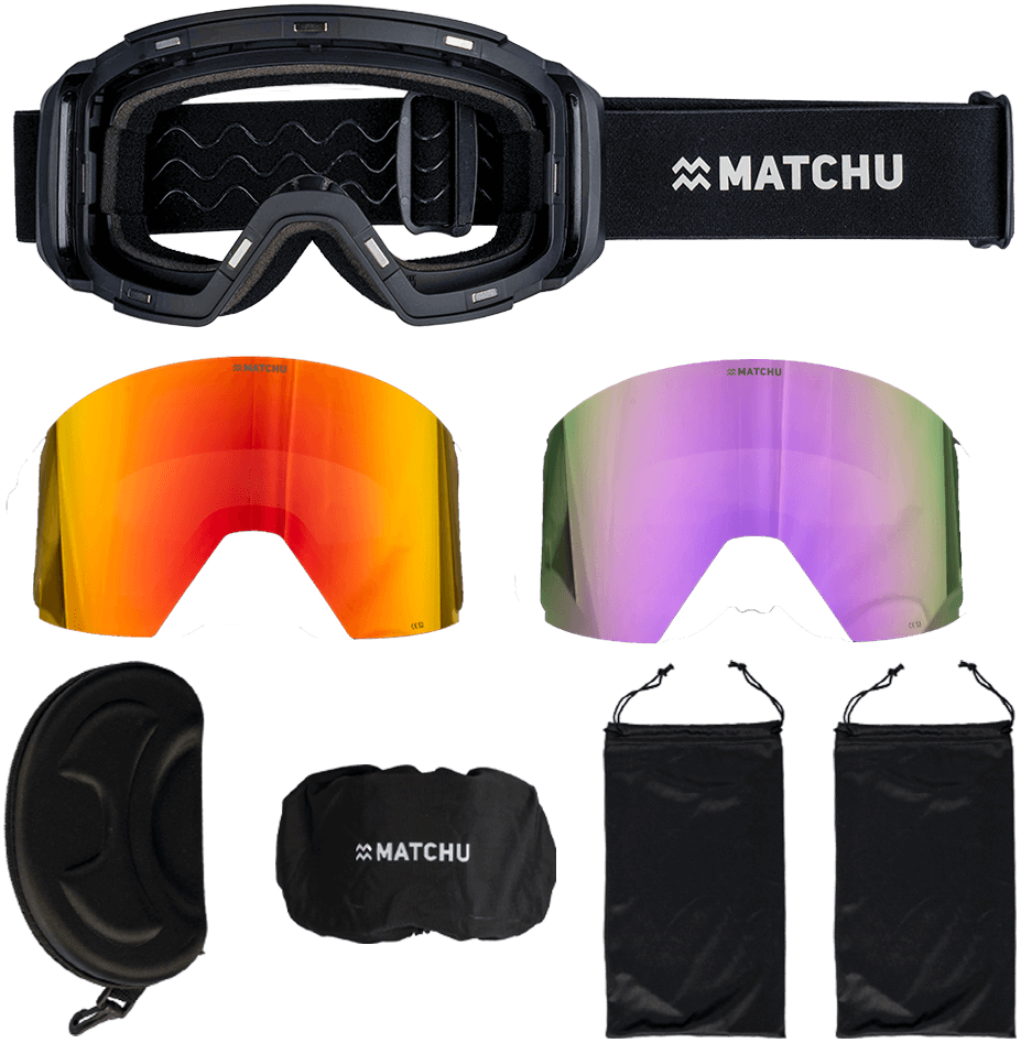 The MATCHU ski goggle with its spare lenses, case and pouches