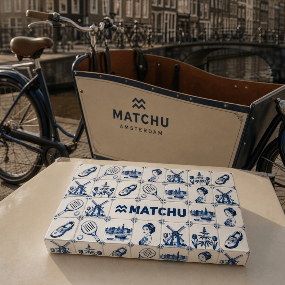 The closed tile-print box in front of a MATCHU Amsterdam cargo bike