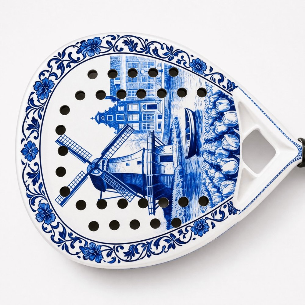 Close-up of the hand-painted windmill on the racket face