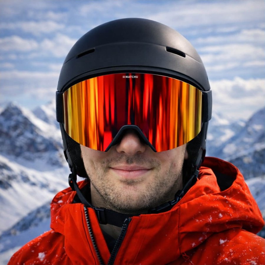 A skier in a helmet and the MATCHU goggle with a red lens
